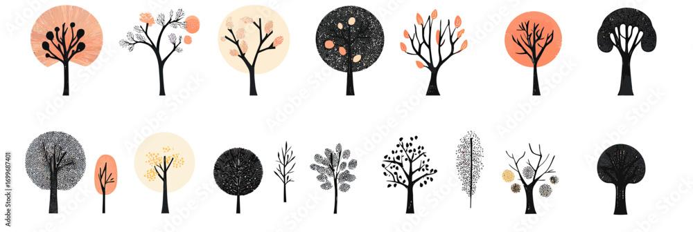 Poster minimalist collection of diverse abstract tree silhouettes with colored circular backgrounds for log