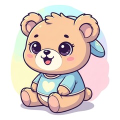 Fototapeta premium Cute Cartoon Baby Bear Sitting with Blue Shirt and Hat on Pastel Background.