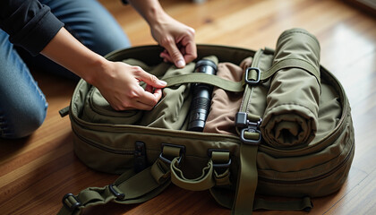 Person packing a green backpack with camping gear indoors  