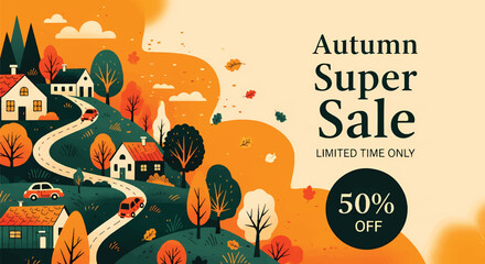 Adobe illustrator artwork vector illustration of an autumn super sale banner with a charming village landscape, winding roads, colorful trees, and cars, offering 50% off