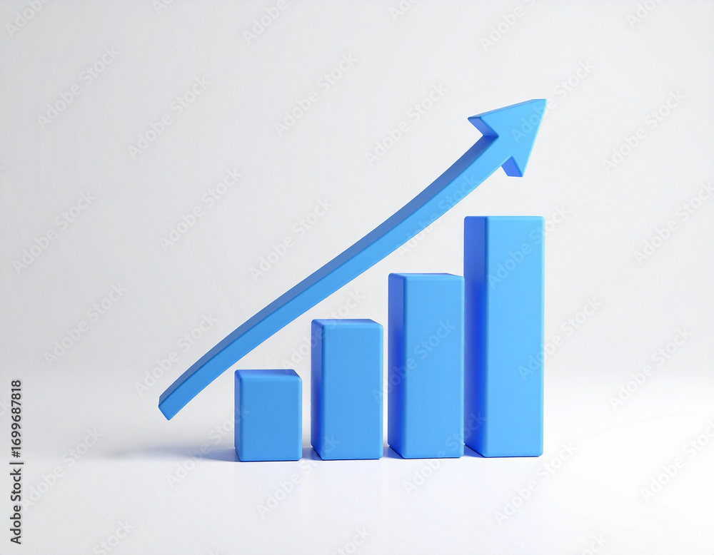 Poster 3d blue bar graph with upward trending arrow chart bar chart