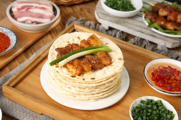 Chinese BBQ Pork Pancakes with Condiments Traditional Asian Cuisine Meal