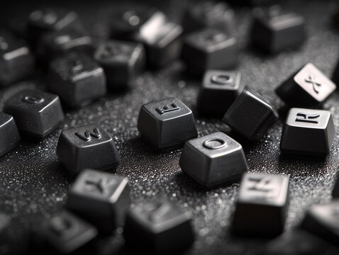 Scattered Keys: A Monochrome Macro of Keyboard Components and Textured Surface.