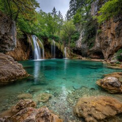 Naklejka premium Waterfall and Turquoise Pool in Forest