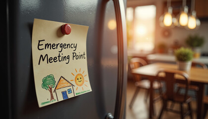 Emergency meeting point note on refrigerator in cozy kitchen  