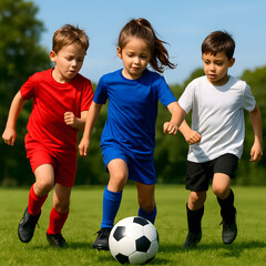 Obraz premium Group of kids playing soccer on green field