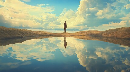 A person standing on the edge of a mirror-like lake, their reflection showing a different version of themselves .