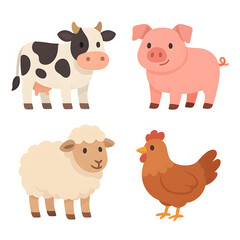 Cartoon illustration set of farm animals cow pig sheep chicken