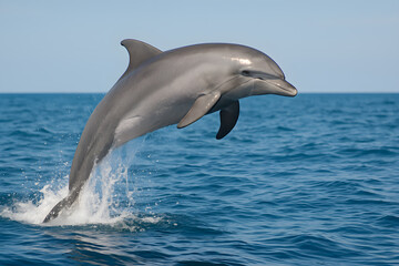 Obraz premium Dolphin jumping out of ocean water against blue sky
