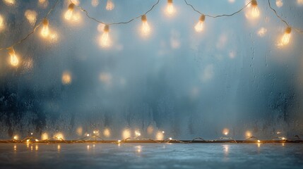 Frosted window with glowing Christmas lights outside, foggy glass background with empty space for text, winter holiday festive decoration, cozy seasonal scene