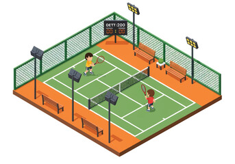 Adobe illustrator artwork vector illustration of two players on an isometric tennis court. Ideal for sports, recreation, competition, and fitness themes