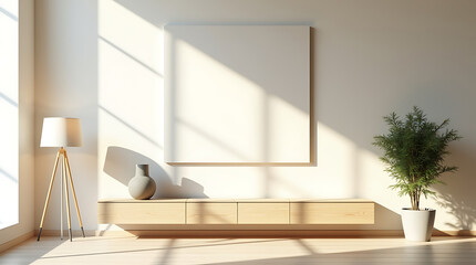 Bright Living Room with Blank Canvas and Floor Lamp empty frame wall art