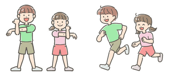ストレッチ（柔軟）してから運動する男の子と女の子
