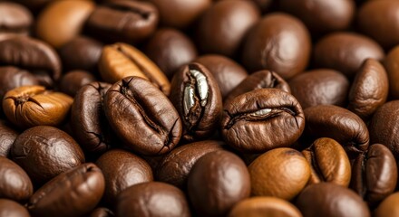Naklejka premium Macro Close-up of Richly Roasted Coffee Beans with Detailed Textures and Warm Tones