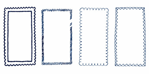 Collection of four hand drawn decorative rectangular borders with unique wavy scribbled and curly designs