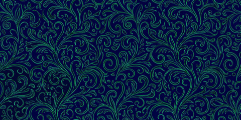 Elegant dark navy blue background with a seamless swirling green floral vine pattern