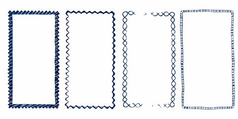 Collection of four hand drawn decorative borders in dark blue ink on a white background © Ramanath