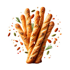 Breadsticks (grissini) in fan formation, with coarse salt and seeds falling around them