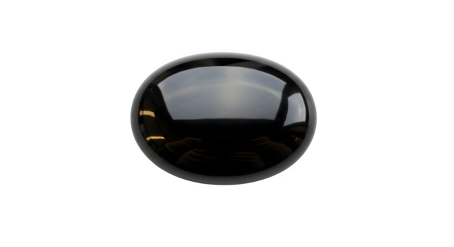 Polished black obsidian cabochon isolated on transparent background, a volcanic glass with a smooth, reflective surface, perfect for jewelry making