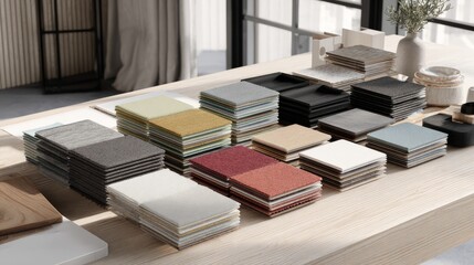 3D render of interior design workspace with paint color swatches, fabric samples, and wood textures arranged neatly on a table, modern minimalist style