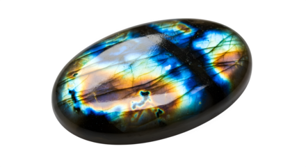 Iridescent labradorite cabochon isolated on transparent background, showcasing vibrant play of color, perfect for jewelry design and mineral collection