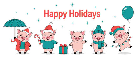 Cute Happy Holidays Pigs Characters with Festive Decorations and Gifts christmas new year