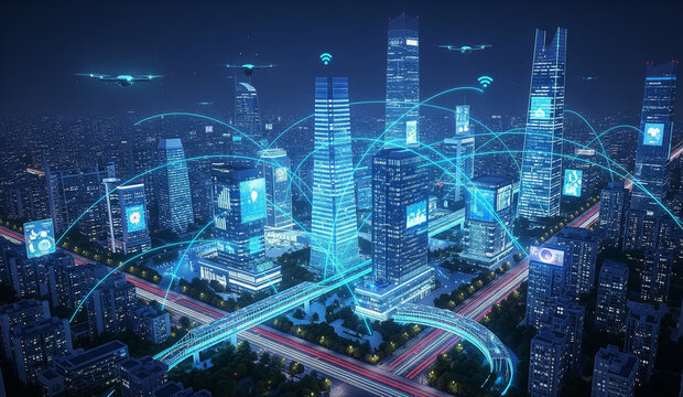 Futuristic cityscape with glowing skyscrapers connected by digital networks, drones flying overhead, showcasing advanced technology and urban connectivity.