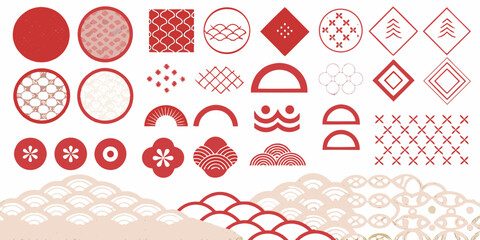 Collection of traditional japanese patterns and symbols in red and beige tones © Ramanath