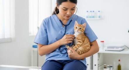 Compassionate veterinarian examines a cute ginger kitten with stethoscope
