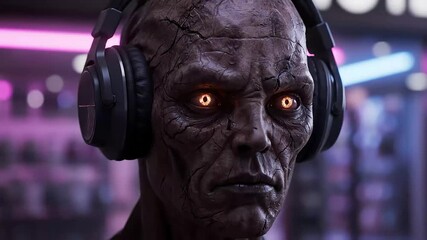 Mysterious Being with Glowing Eyes and Headphones on a Neon Background