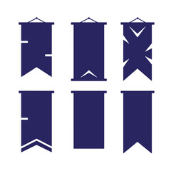 Vector collection of six dark blue banner and ribbon shapes in minimalist design