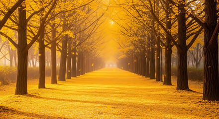 Fototapeta premium Autumn golden ginkgo avenue in Asan South Korea landscape
