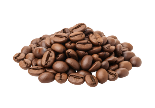 Pile of roasted coffee bean isolated on transparent background, showcasing their rich brown color and inviting aroma, ready to be ground and brewed