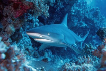 Fototapeta premium White Tip Shark Underwater: Close-up of Shark Swimming in Blue Ocean Reef