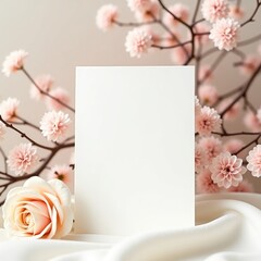 A blank white card with pink blossoms and a peach rose on a white silk cloth background arrangement invitation card mockup