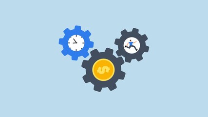 Effort and time to make money, entrepreneur sprinting intensely within gear mechanisms to rotate time and currency wheels - Powered by Adobe