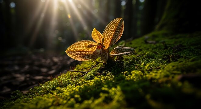 Jewel orchid Macodes petola with glowing veins, mossy rainforest floor, macro botanical photography for collectors and fine art