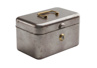 Old metal cash box with handle isolated on transparent background, a vintage container for money, with a keyhole and brass handle, antique and worn