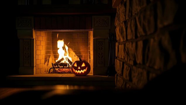 Spooky Halloween Fireplace Scene Jack o' Lantern Glowing Beside Warm Fire, Cozy Indoor Setting, Festive Autumn Ambiance 4K Video