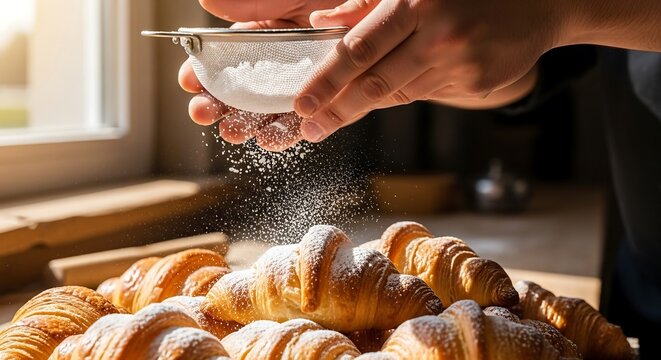 Cook dusting powdered sugar over golden croissants, cinematic daylight and rustic kitchen background, food photography for artisan bakery branding