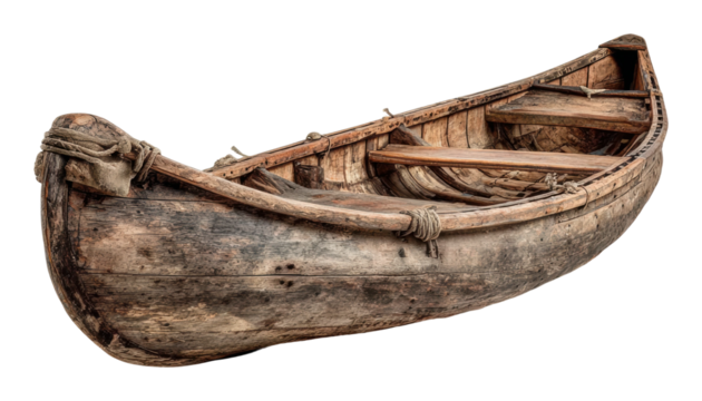 Old wooden boat on water vintage scene tranquil isolated on transparent background