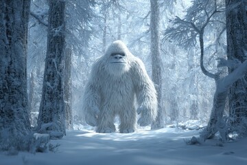 Yeti Snow. Ancient Abominable Snowman in Winter Forest 3D Illustration