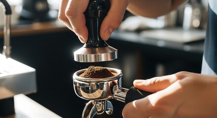 Espresso tamping in shiny portafilter with precise hand movement, cinematic coffee photography for professional café ads