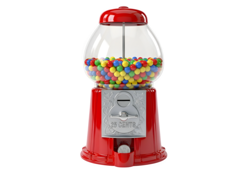 Vintage red gumball machine isolated on transparent background, filled with colorful candies, a classic vending machine for kids and adults, nostalgic and fun