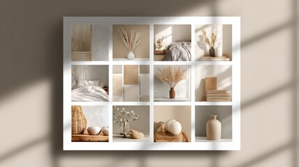 Minimalist interior portfolio template mockup, neutral tones, structured grid layout, stylish and professional presentation, soft shadows