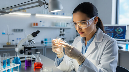 A female scientist in a lab coat examines a petri dish with a sample, working under a bright lamp with lab equipment in the background.