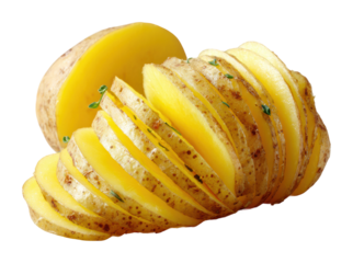 Slicing fresh potatoes for cooking kitchen food preparation isolated on transparent background