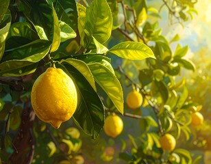 Luminous citrus grove featuring ripe lemons hanging amidst vibrant foliage