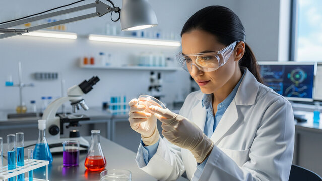 A female scientist in a lab coat examines a petri dish with a sample, working under a bright lamp with lab equipment in the background.