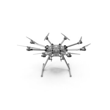 Silver professional octocopter drone front view 3D render PNG
